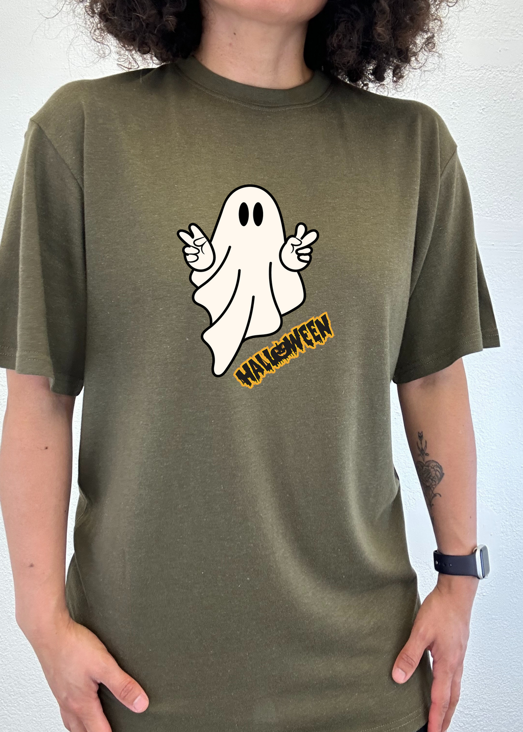 Spun Bamboo Halloween Ghost Unisex Bamboo Viscose/Organic Cotton Short Sleeve Graphic T-Shirt — lifestyle context