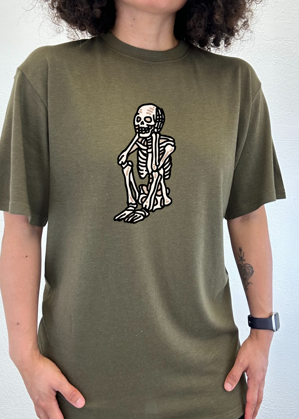 Spun Bamboo Sad Skeleton Halloween Unisex Bamboo Viscose/Organic Cotton Short Sleeve Graphic T-Shirt — in-use photo