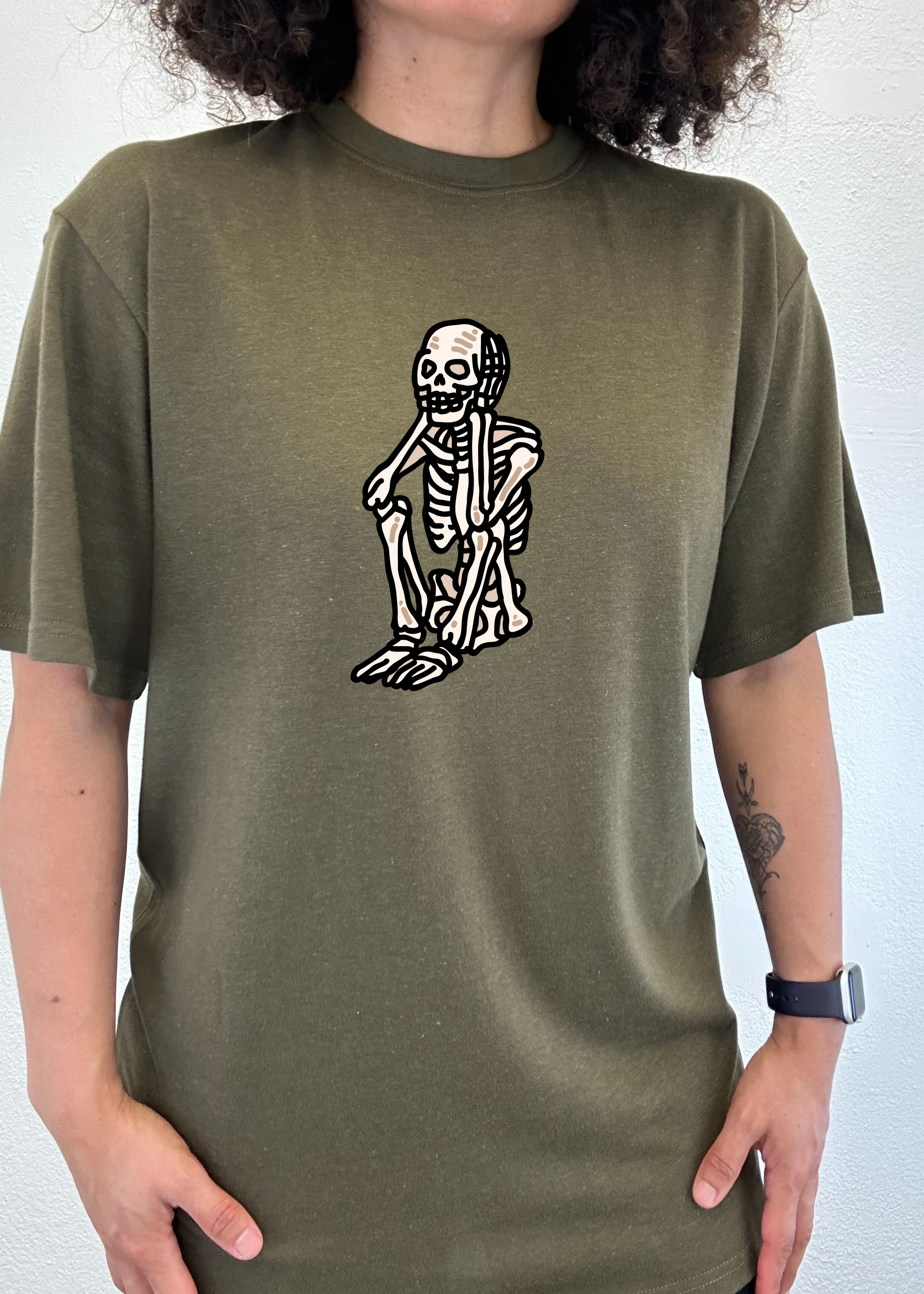 Spun Bamboo Sad Skeleton Halloween Unisex Bamboo Viscose/Organic Cotton Short Sleeve Graphic T-Shirt — in-use photo