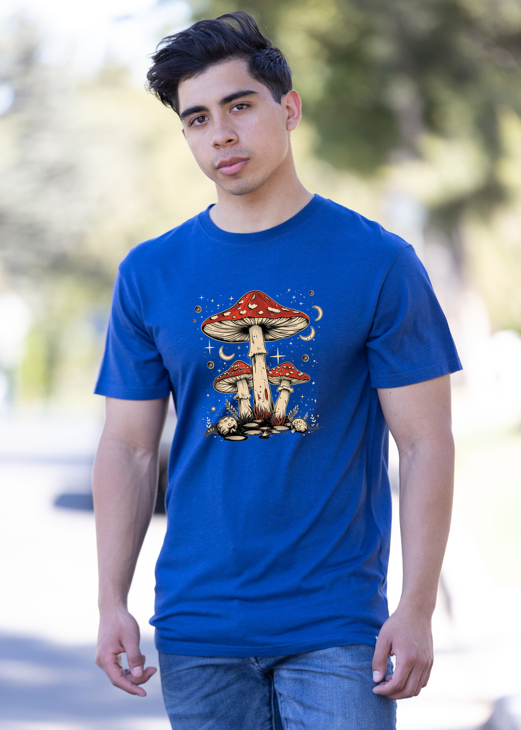 Spun Bamboo Boho Retro Hippie Mushrooms Natural Unisex Bamboo/Cotton Graphic T-Shirt — feature highlight