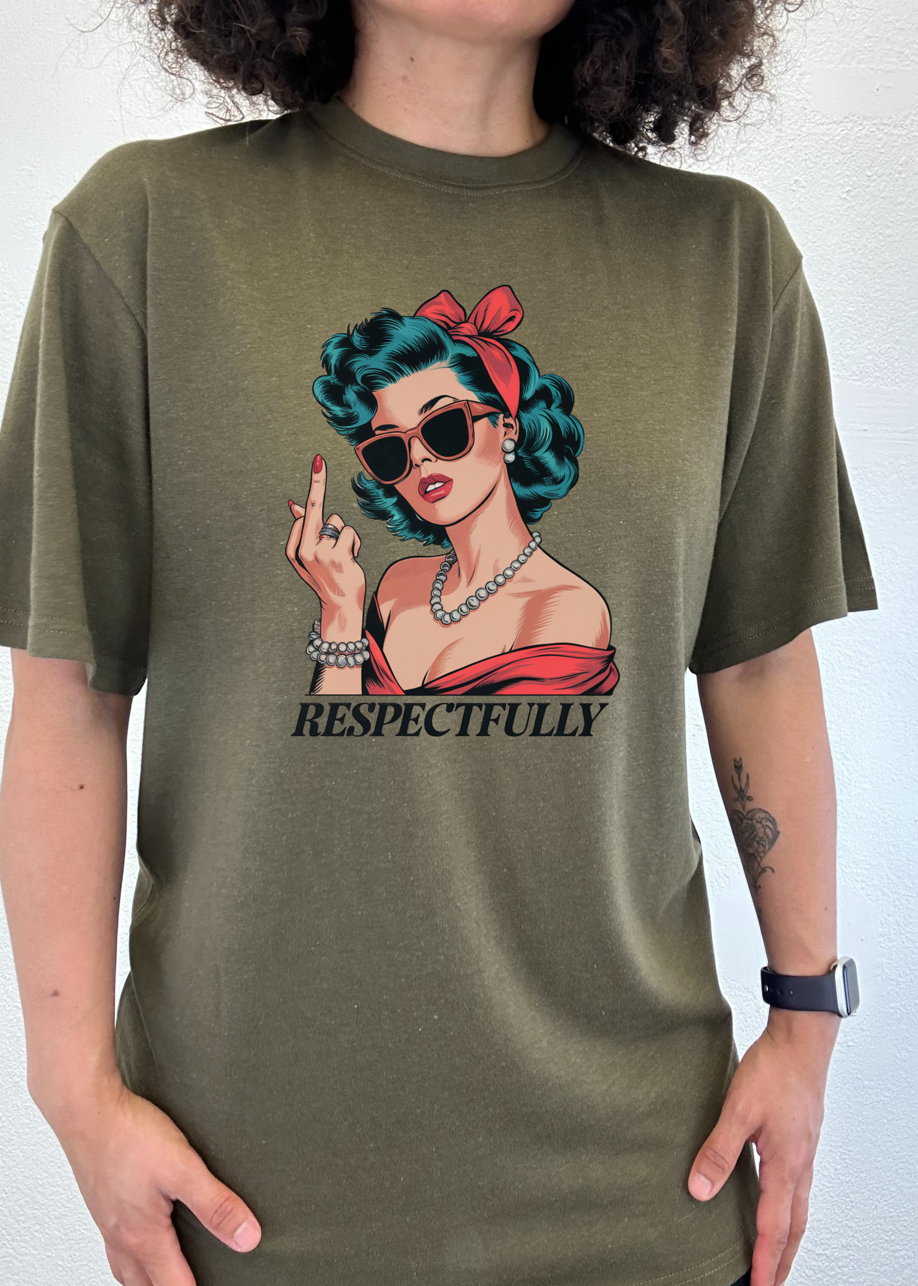 Spun Bamboo Respectfully Middle Finger Unisex Bamboo/Cotton Graphic T-Shirt — detail close-up
