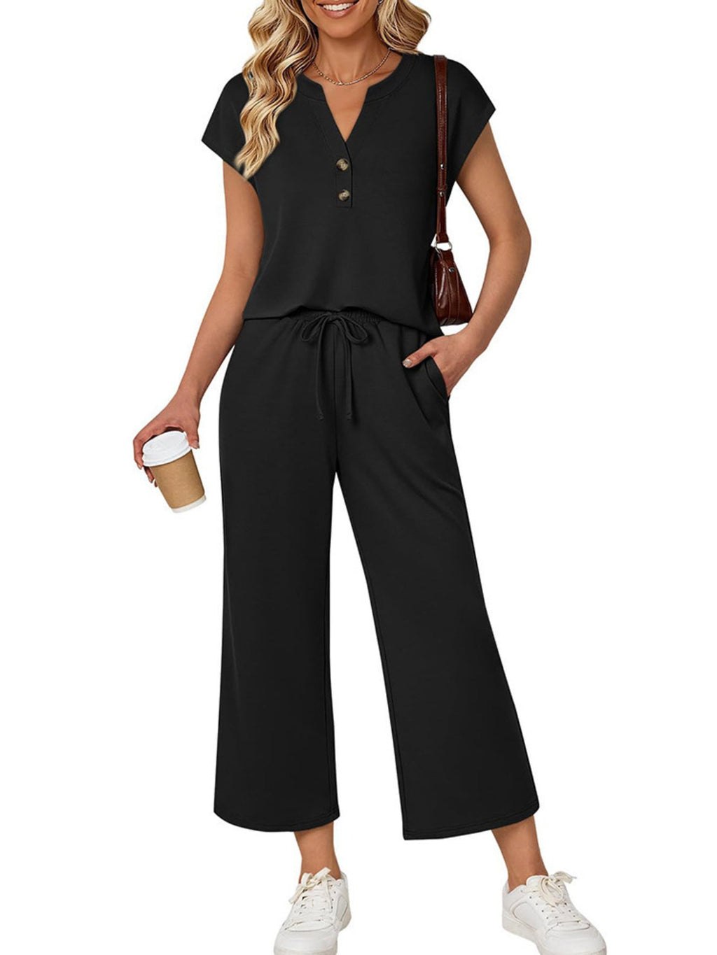 Notched Short Sleeve Top and Pants Set