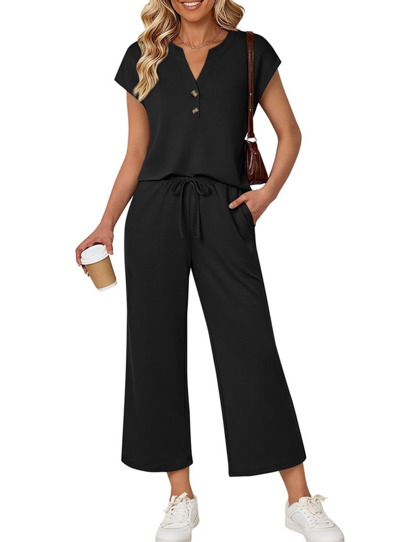 Notched Short Sleeve Top and Pants Set