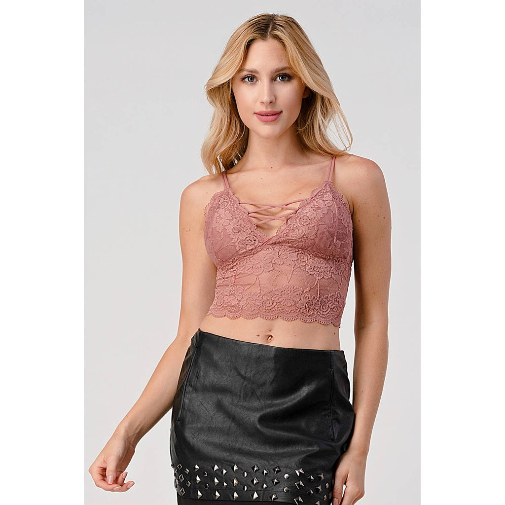MWBW Apparel and More SPAGHETTI STRAP STRING DETAIL LACE CROP BRACELETTE — fabric or material detail