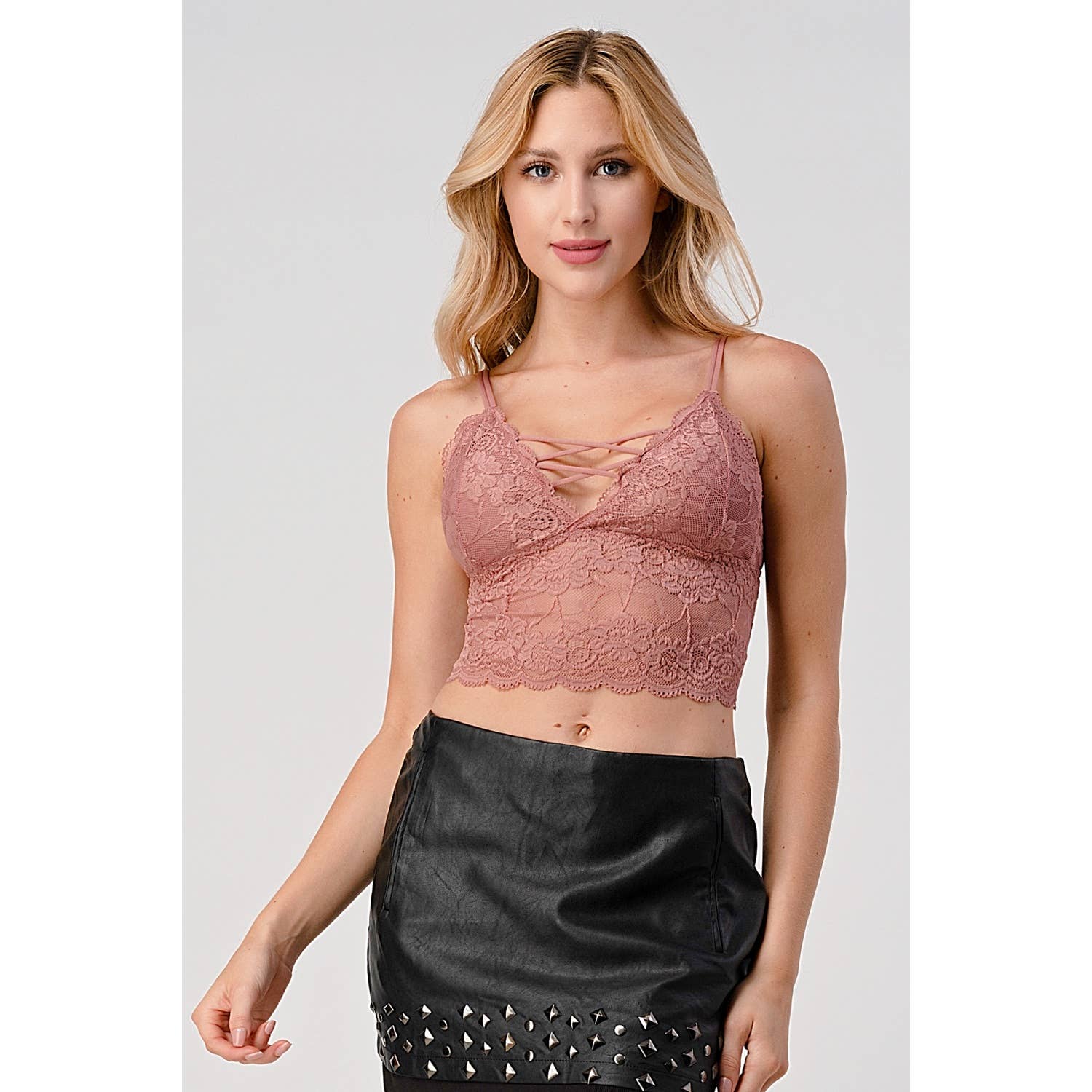 MWBW Apparel and More SPAGHETTI STRAP STRING DETAIL LACE CROP BRACELETTE — fabric or material detail