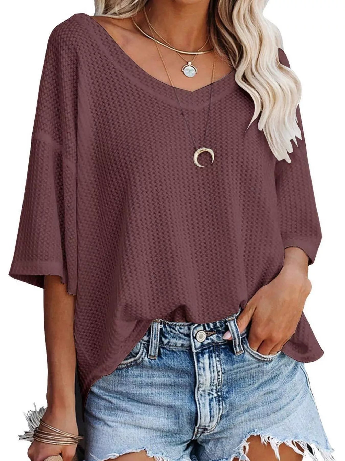 Waffle Knit V-Neck Short Sleeve T-Shirt
