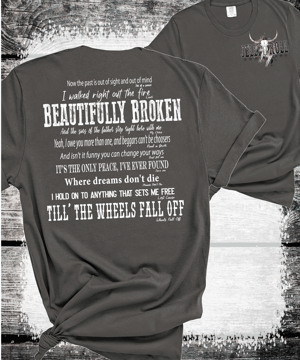 A Blessed Texas Mess Boutique Comfort Colors®  Beautifully Broken Country Music-Inspired Jelly Roll Lyrics,… — A Blessed Texas Mess Boutique branding close-up