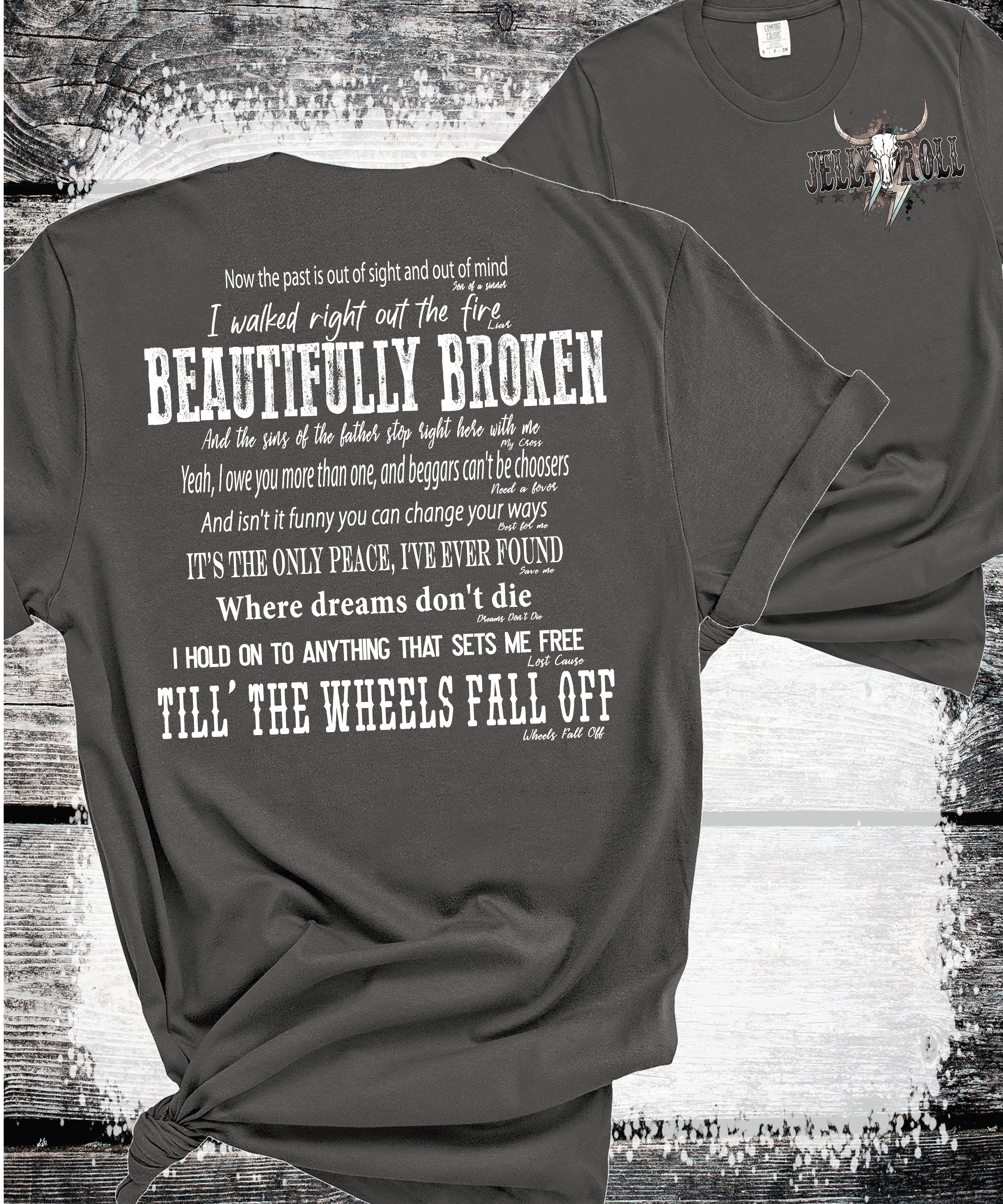 A Blessed Texas Mess Boutique Comfort Colors®  Beautifully Broken Country Music-Inspired Jelly Roll Lyrics,… — A Blessed Texas Mess Boutique branding close-up
