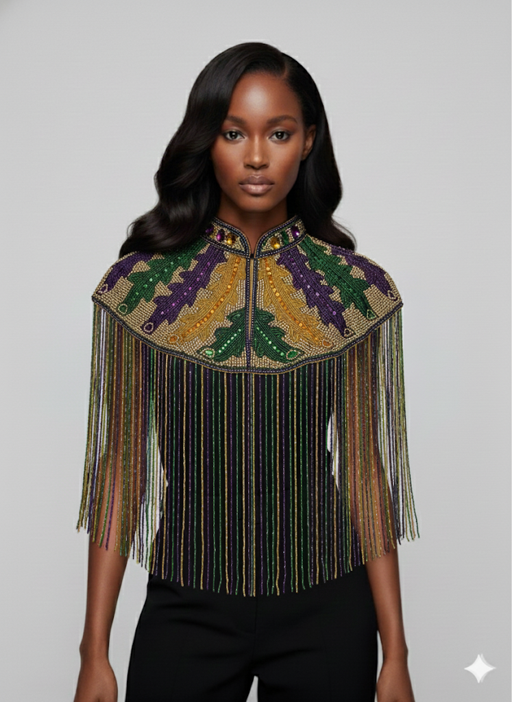 L'Jai Amor Big Chief Plume Cape — lifestyle context