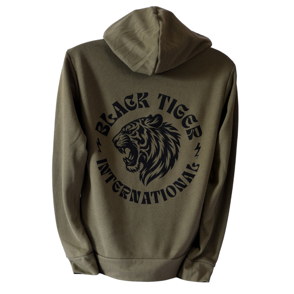 Black Tiger International Attack Tiger Logo Hoodie OG Green — detail and construction