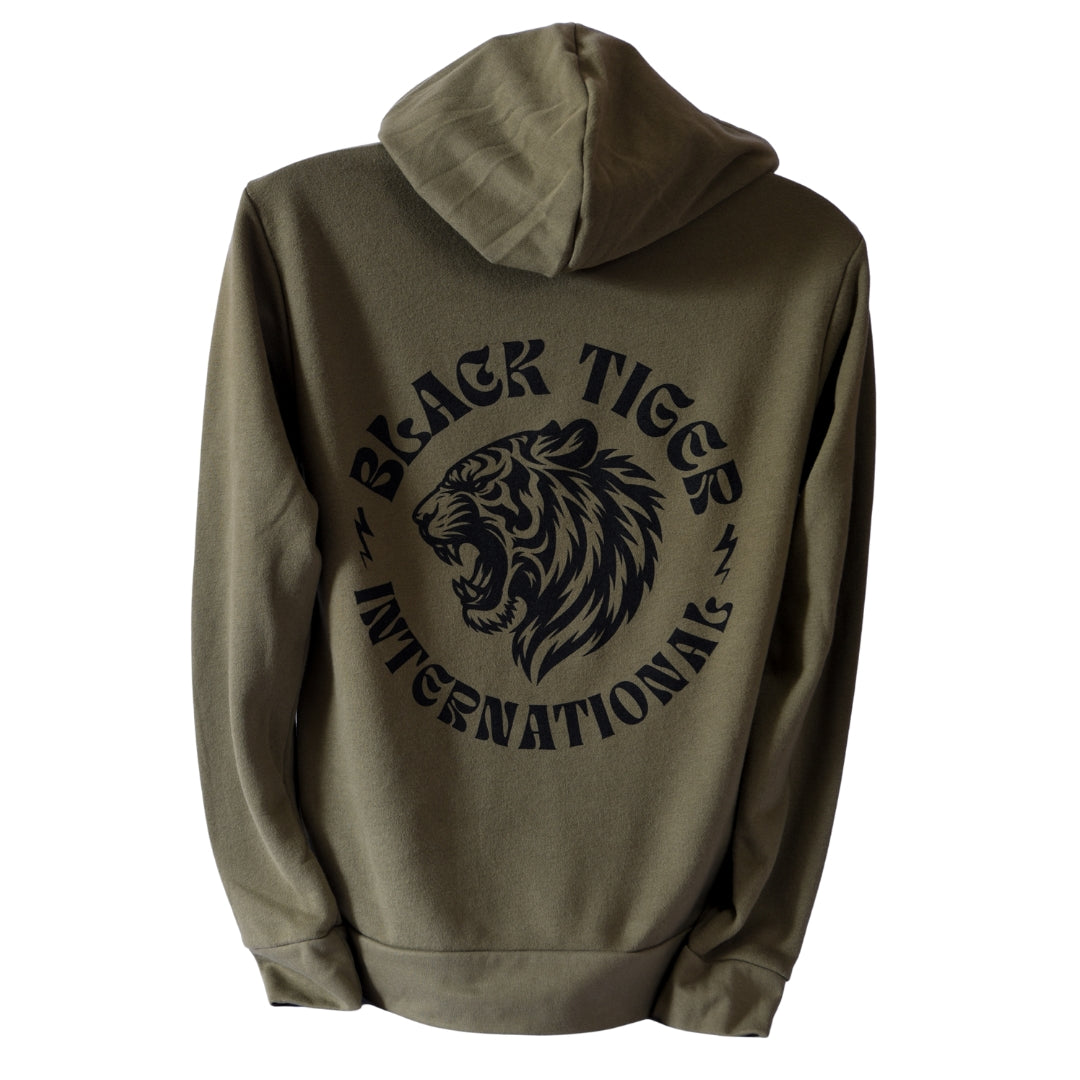 Black Tiger International Attack Tiger Logo Hoodie OG Green — detail and construction