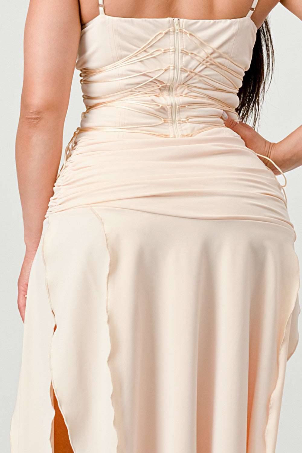 Corset Waist Beige Slit Dress