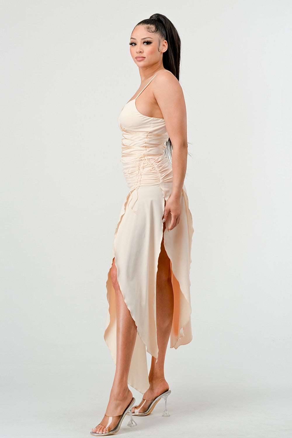 Corset Waist Beige Slit Dress