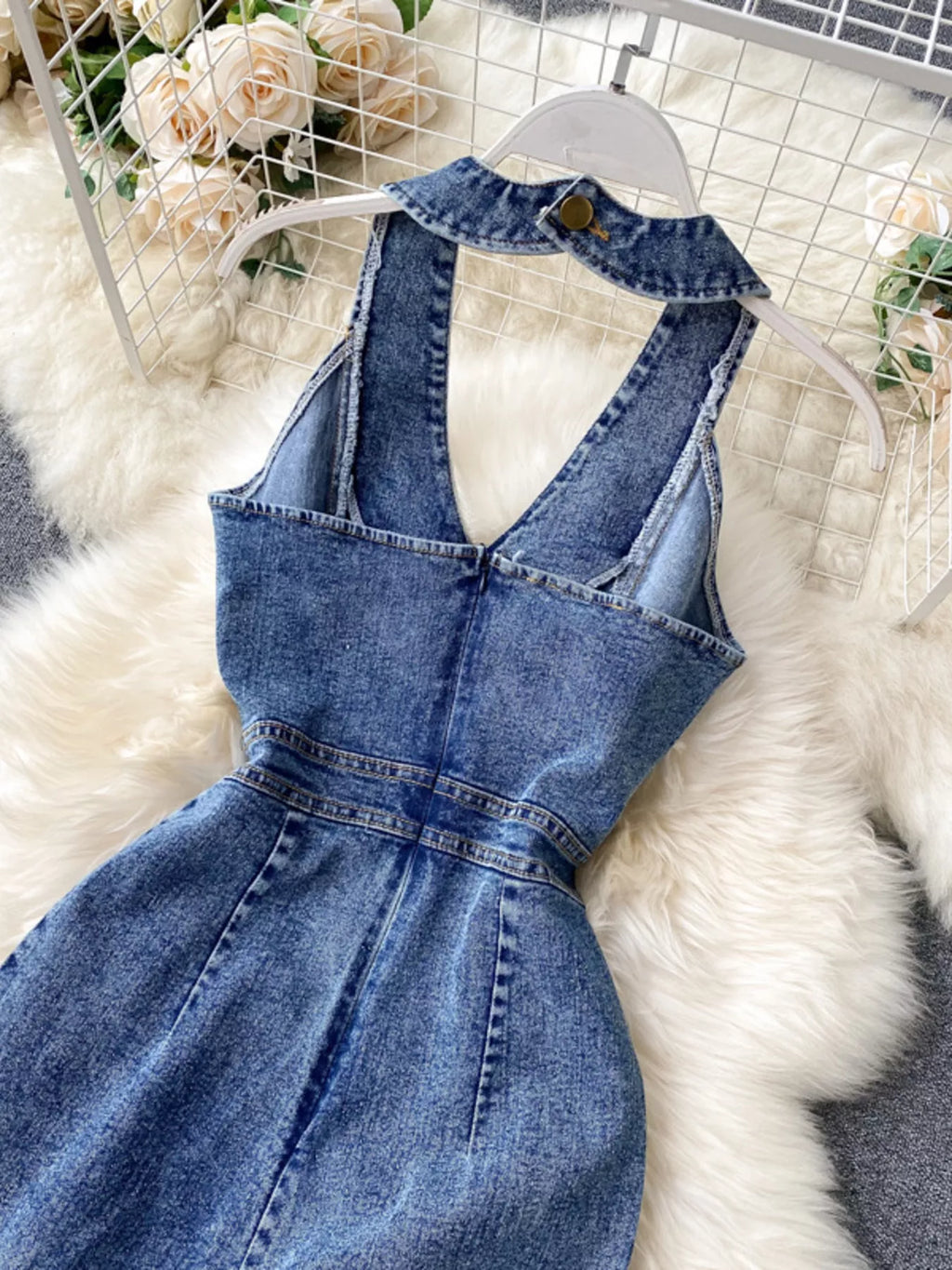 Halter Neck Wide Leg Denim Jumpsuit