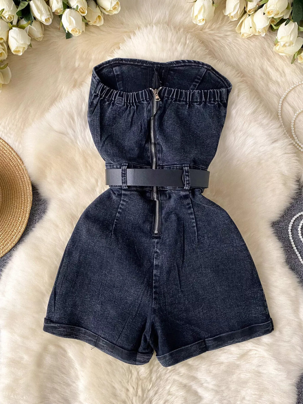 Strapless Denim Romper with Pockets