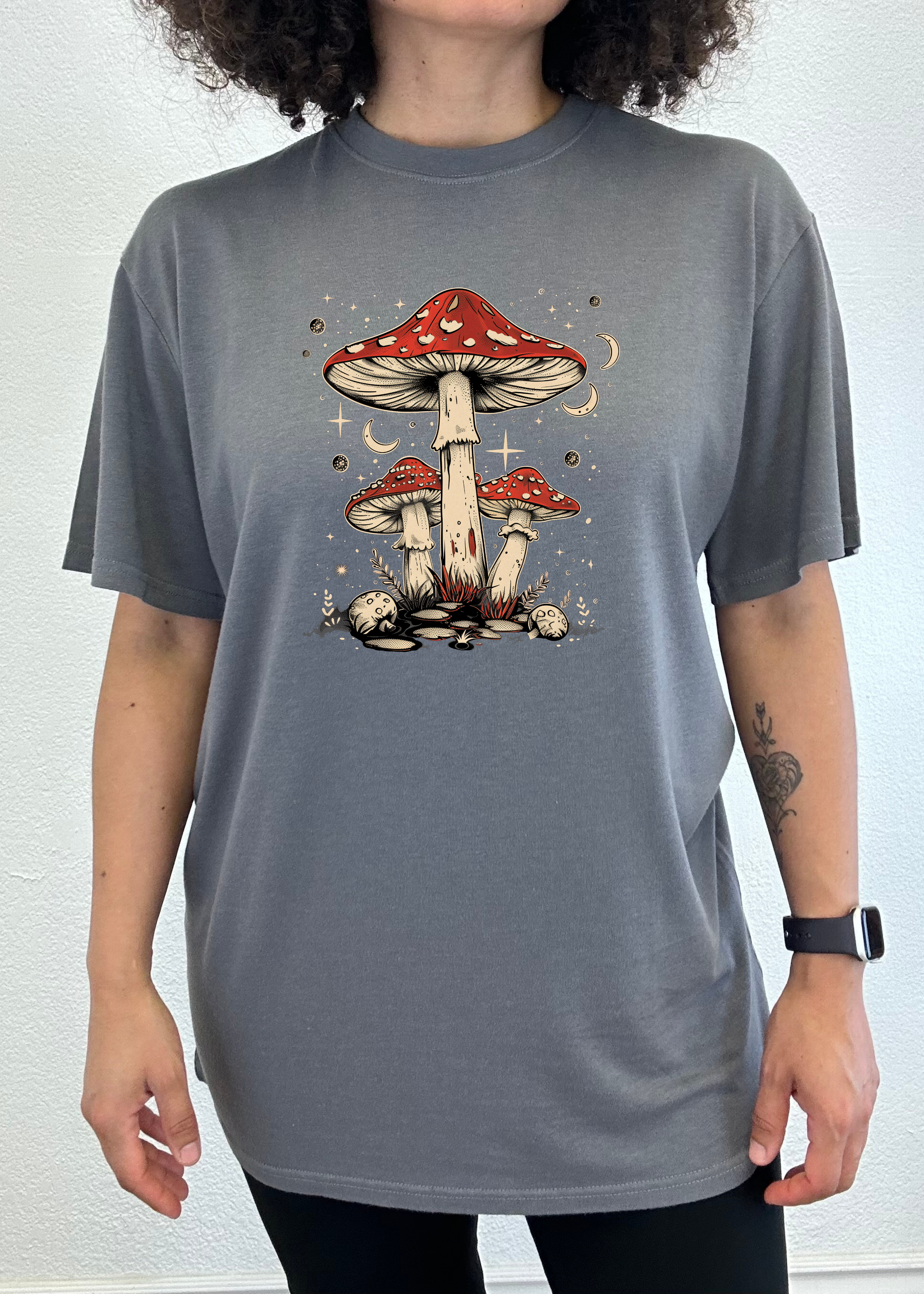 Spun Bamboo Boho Retro Hippie Mushrooms Natural Unisex Bamboo/Cotton Graphic T-Shirt — size reference