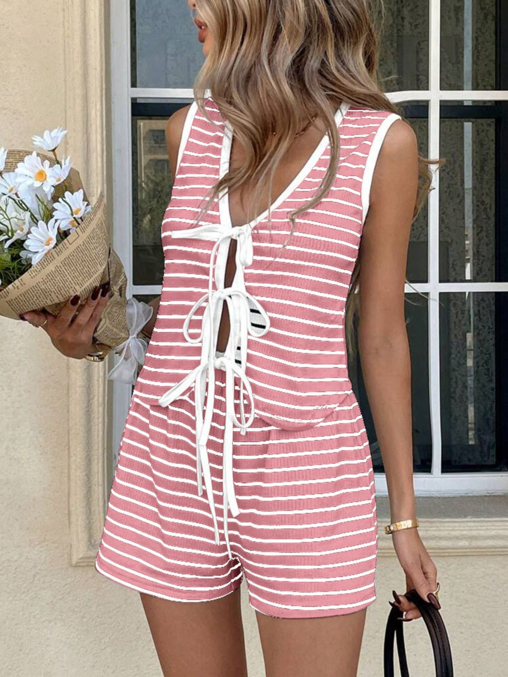 Striped Knit Tie-Front Sleeveless Top & Shorts Set