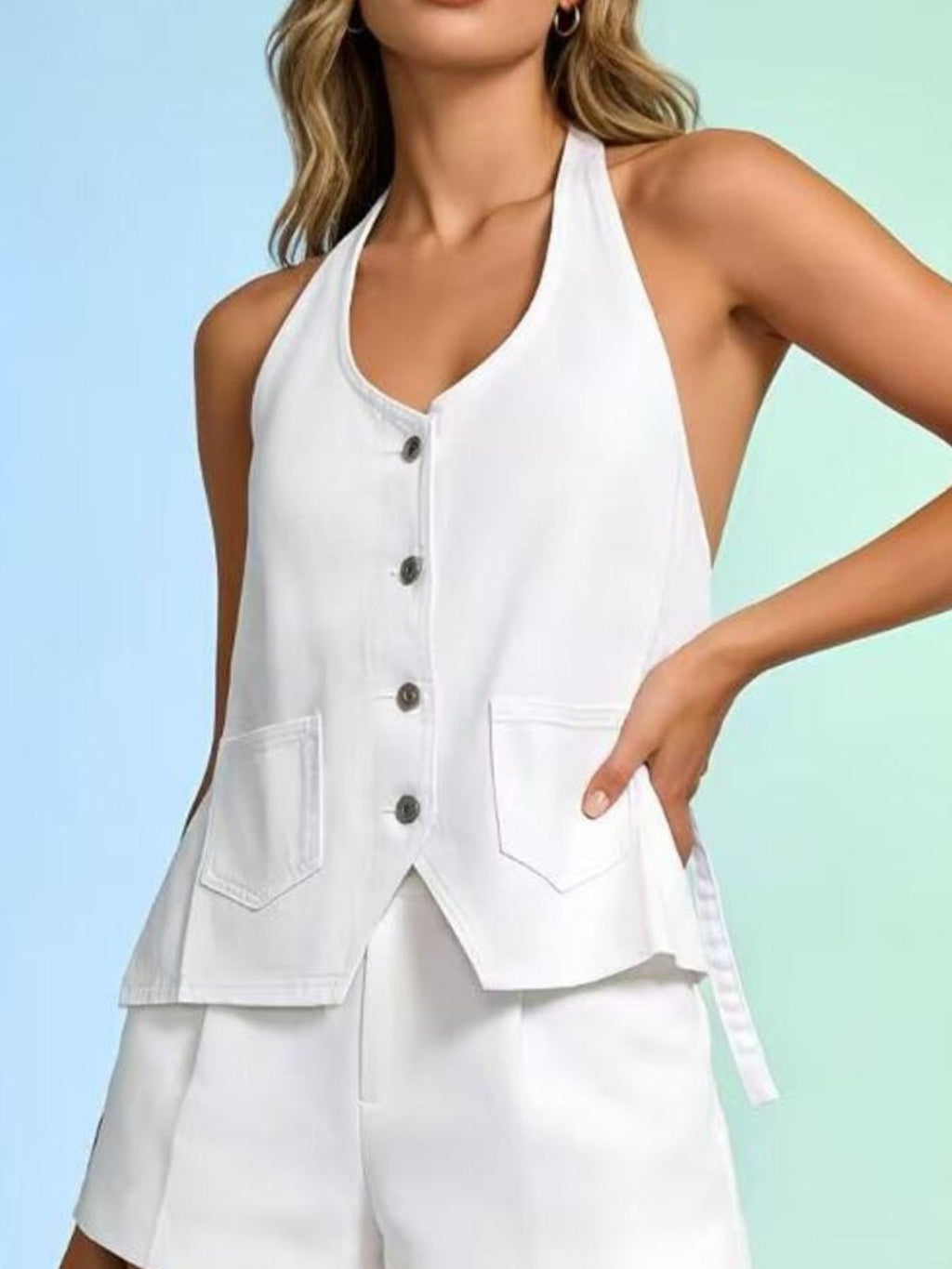 Halter Neck Button-Down Denim Vest