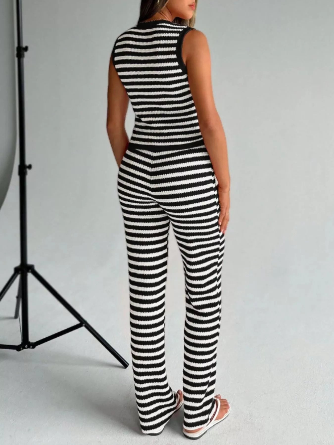 Striped Knit V-Neck Button-Up Sleeveless Top and Flare Pants Set