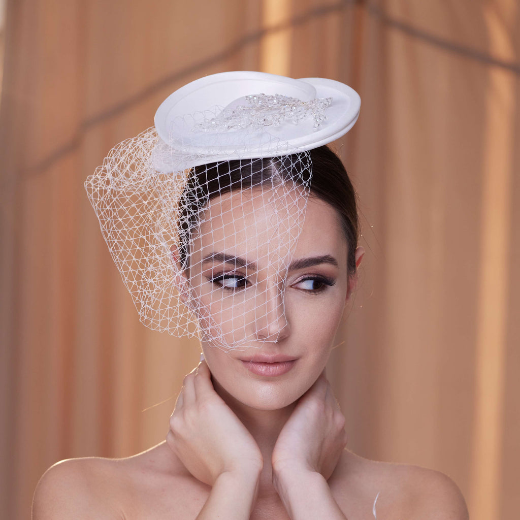 Elegant Bridal Fascinator with Beaded Details and Birdcage Veil – Bridal Port, view 2