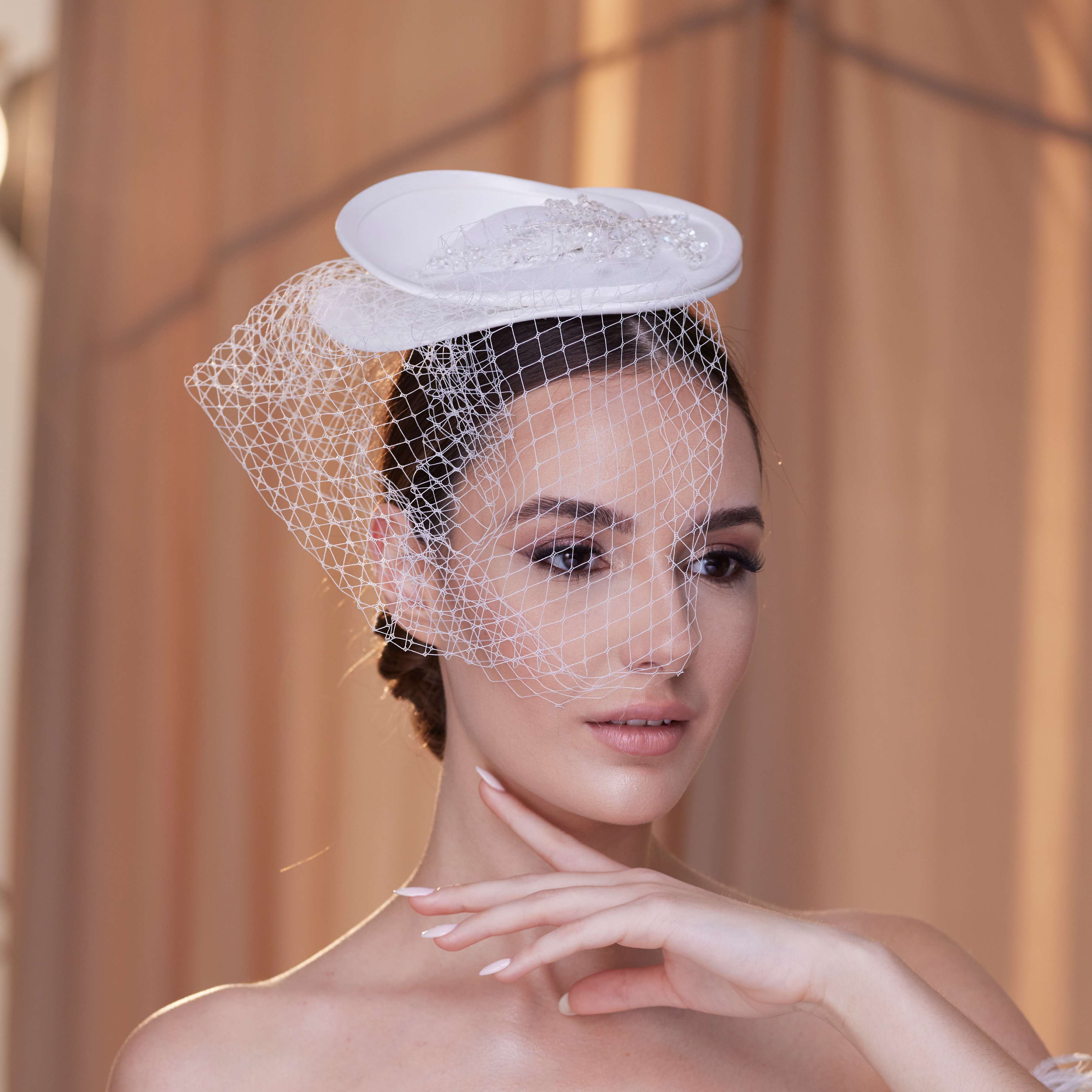 Elegant Bridal Fascinator with Beaded Details and Birdcage Veil – Bridal Port, view 3