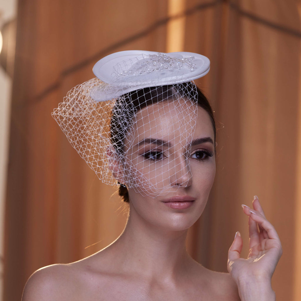 Elegant Bridal Fascinator with Beaded Details and Birdcage Veil – Bridal Port, view 4