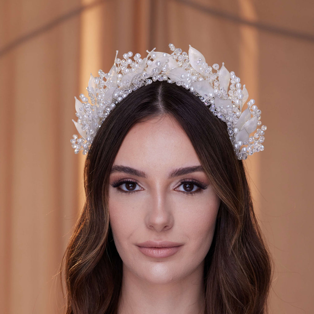 Crystal Pearl Hair Band with Resin Leaves – Bridal Port, view 2