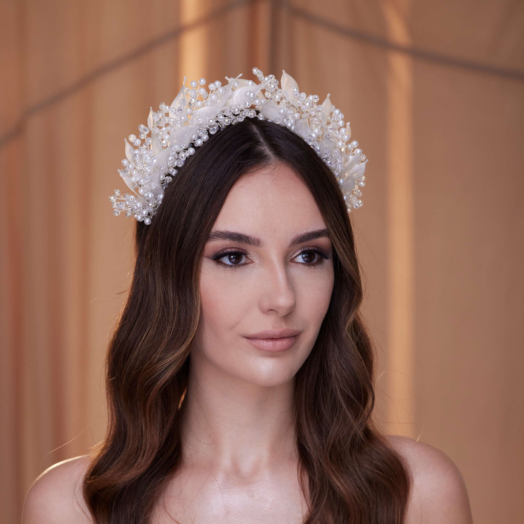 Crystal Pearl Hair Band with Resin Leaves – Bridal Port, view 5