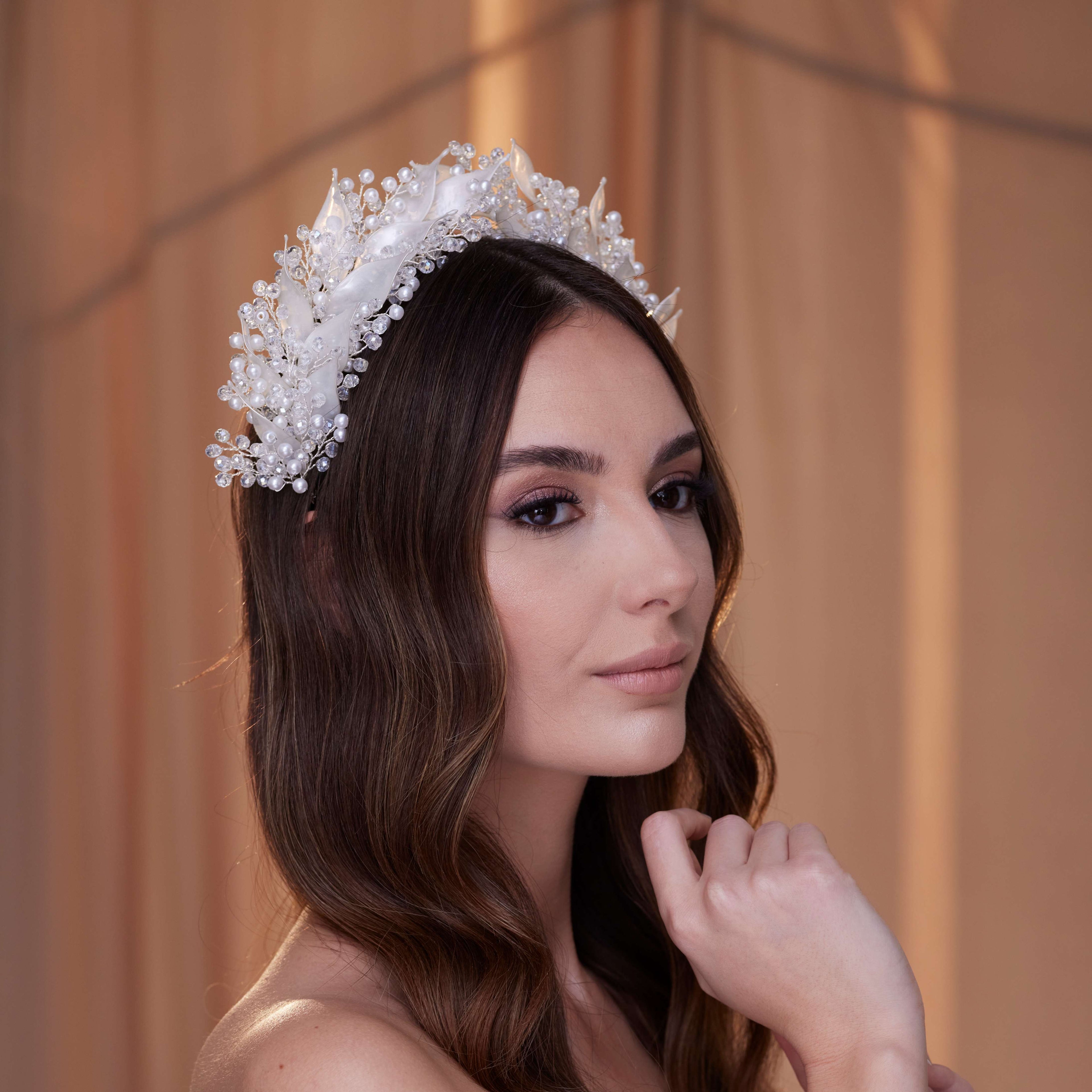 Crystal Pearl Hair Band with Resin Leaves – Bridal Port