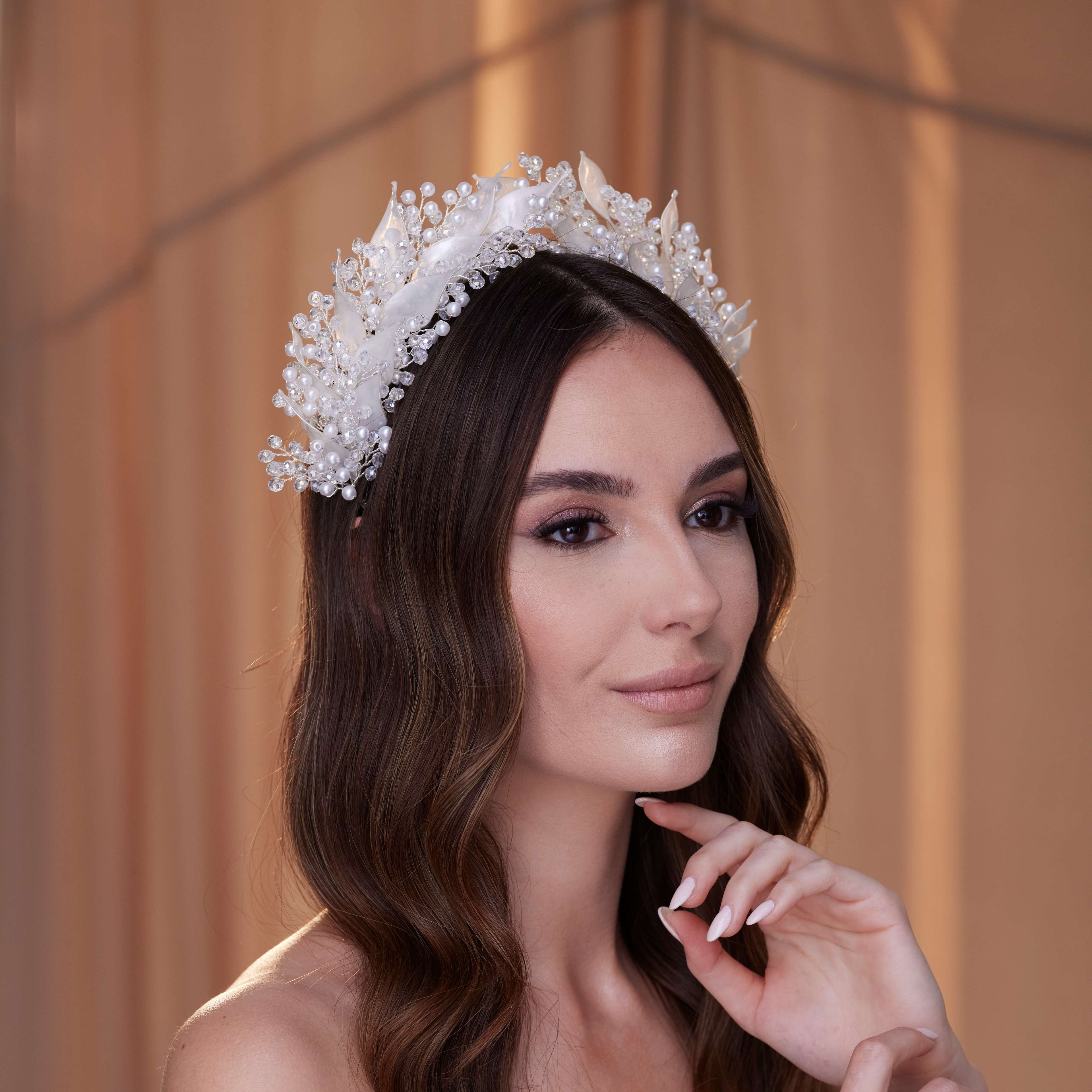 Crystal Pearl Hair Band with Resin Leaves – Bridal Port, view 6