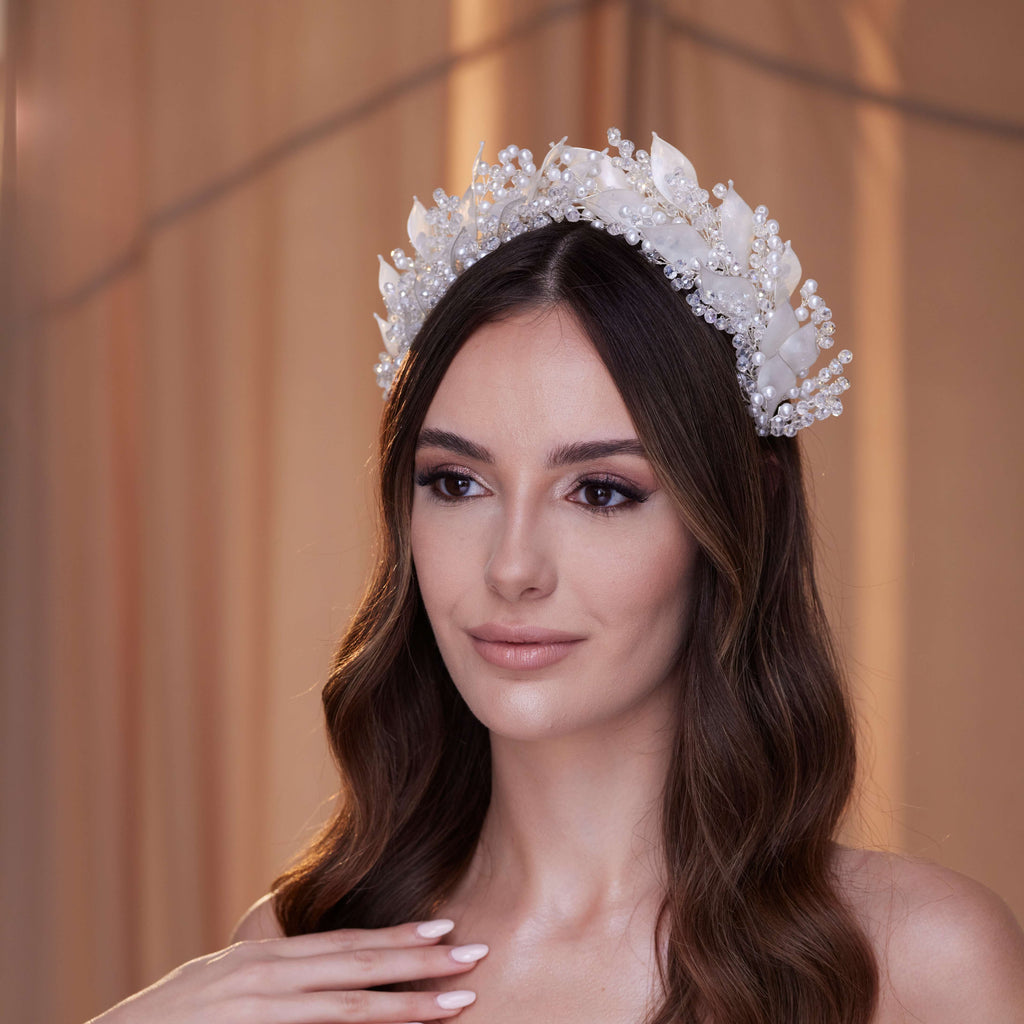 Crystal Pearl Hair Band with Resin Leaves – Bridal Port, view 8