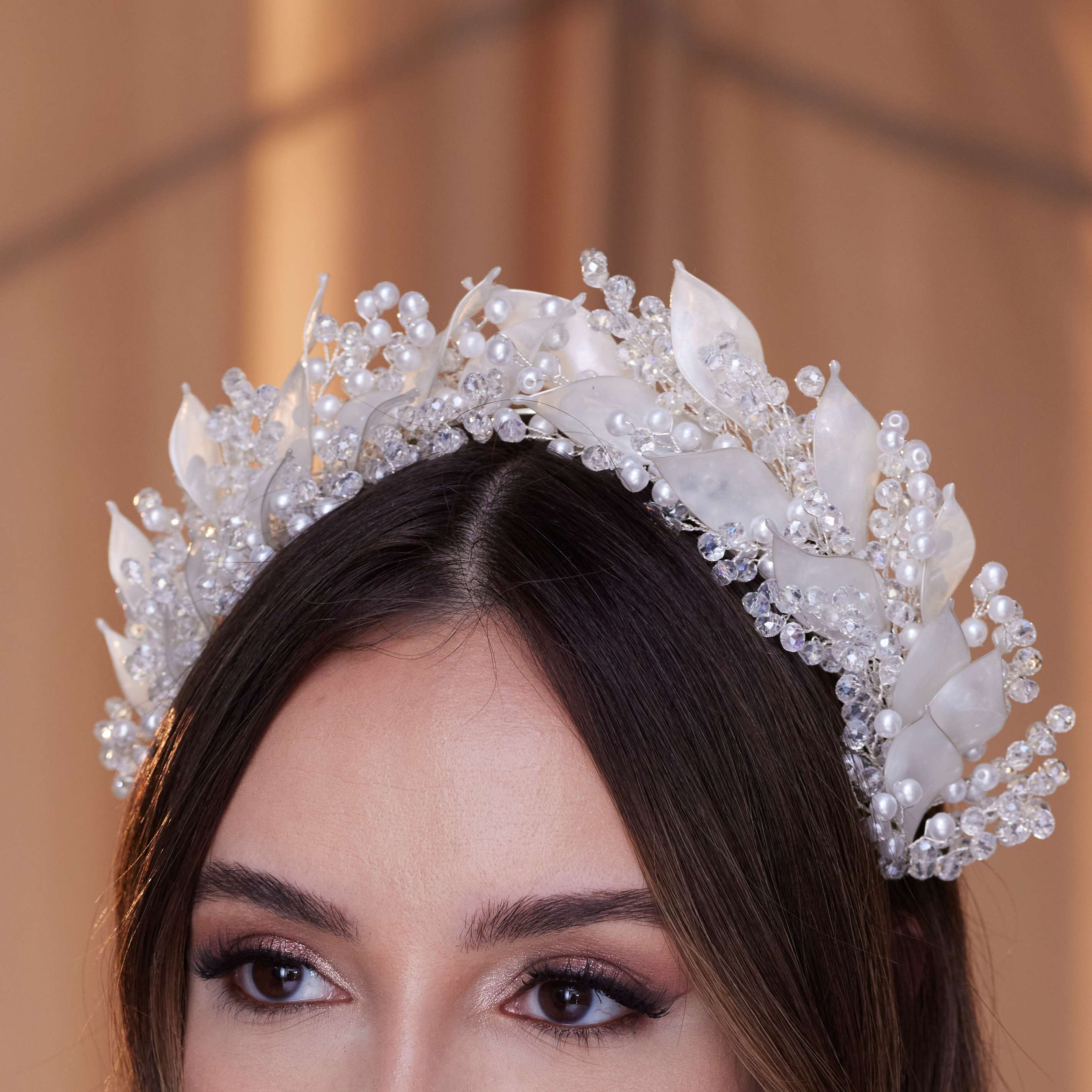 Crystal Pearl Hair Band with Resin Leaves – Bridal Port, view 3