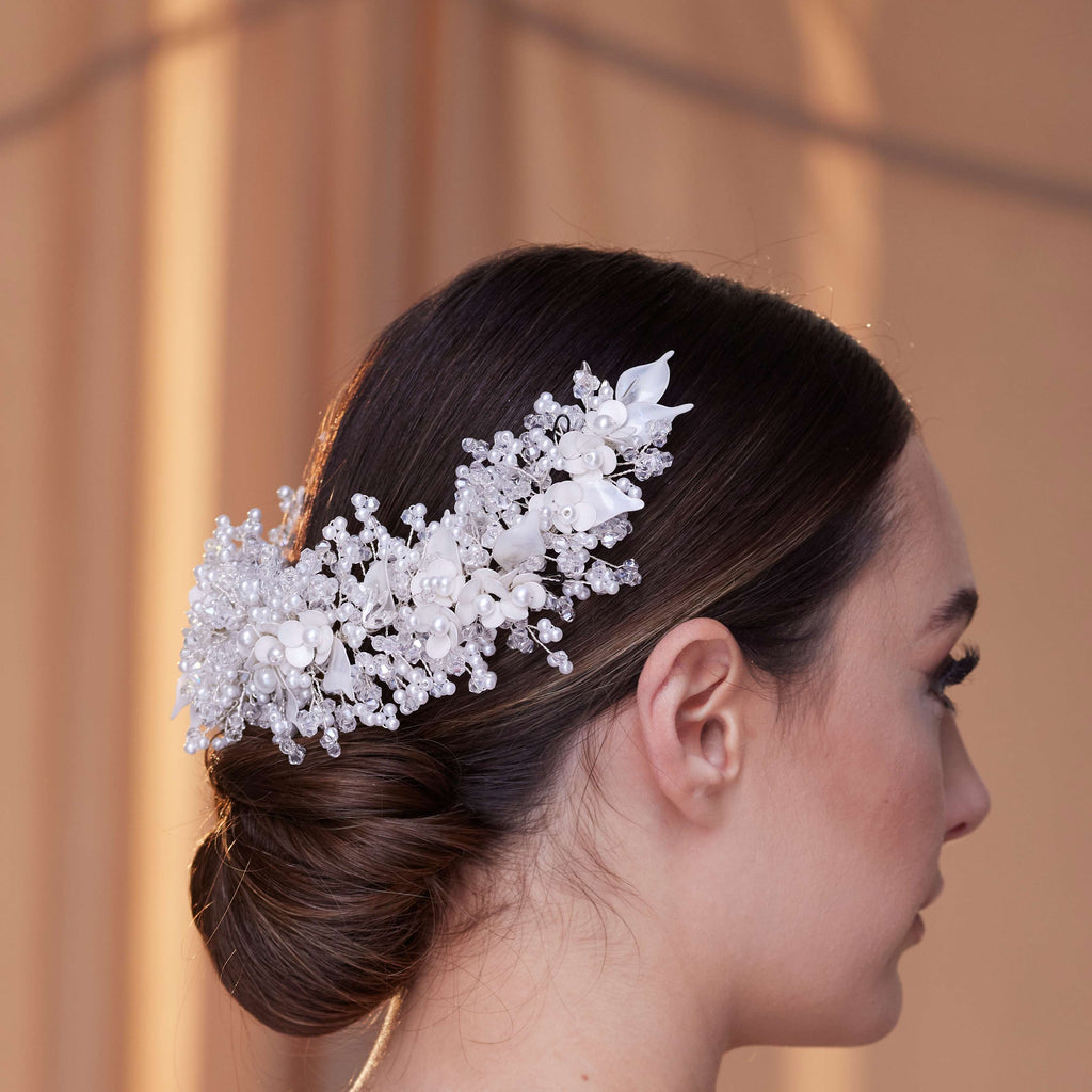 Exquisite Bridal Headpiece with Resin Flowers, Pearls, and Crystal Beads – Bridal Port, view 3