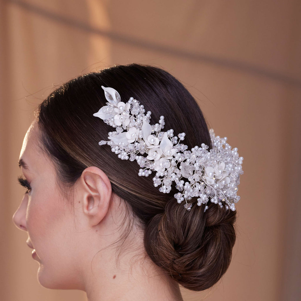 Exquisite Bridal Headpiece with Resin Flowers, Pearls, and Crystal Beads – Bridal Port, view 5