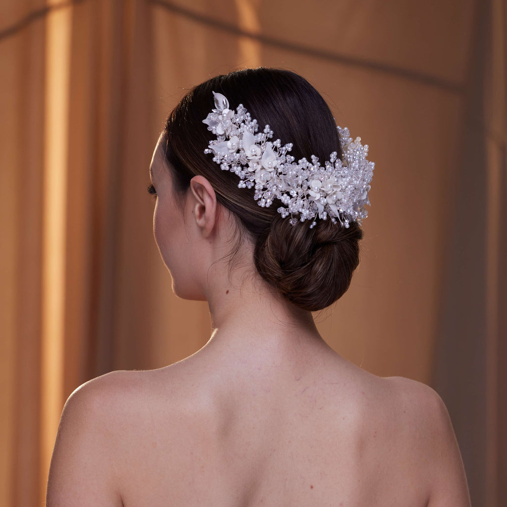 Exquisite Bridal Headpiece with Resin Flowers, Pearls, and Crystal Beads – Bridal Port, view 6