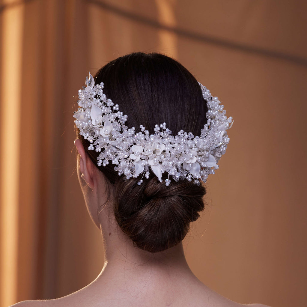 Exquisite Bridal Headpiece with Resin Flowers, Pearls, and Crystal Beads – Bridal Port, view 7