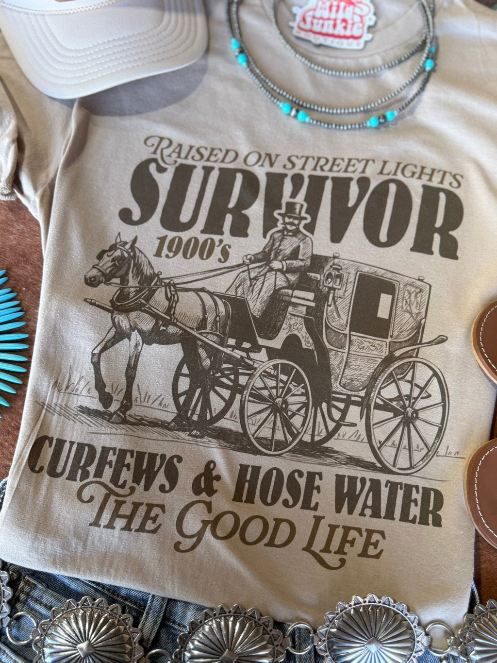 Wild Junkie 1900's Survivor Graphic Tee — lifestyle worn / used context