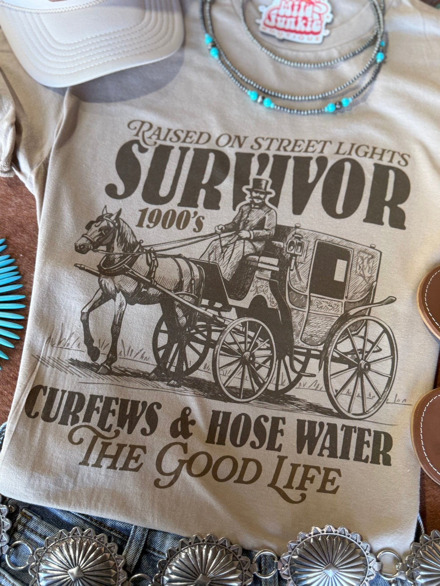 Wild Junkie 1900's Survivor Graphic Tee — lifestyle worn / used context