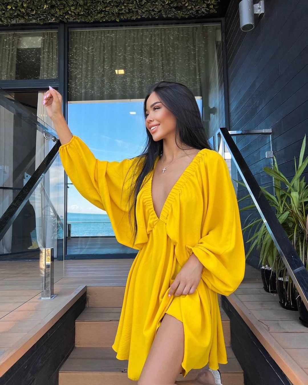 V-neck Lantern Sleeve Dress Fashion Loose Long-sleeved Dresses For Women Clothing
