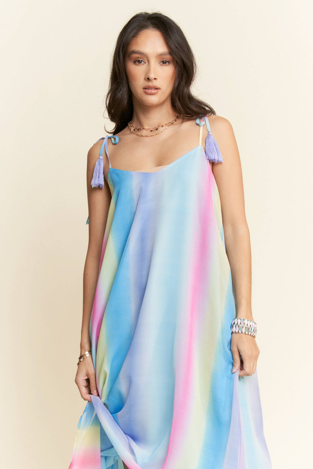 Pretty Little Patriot Pretty Little Patriot Ombré Rainbow Pastel Maxi with Tassles — lifestyle worn / used context