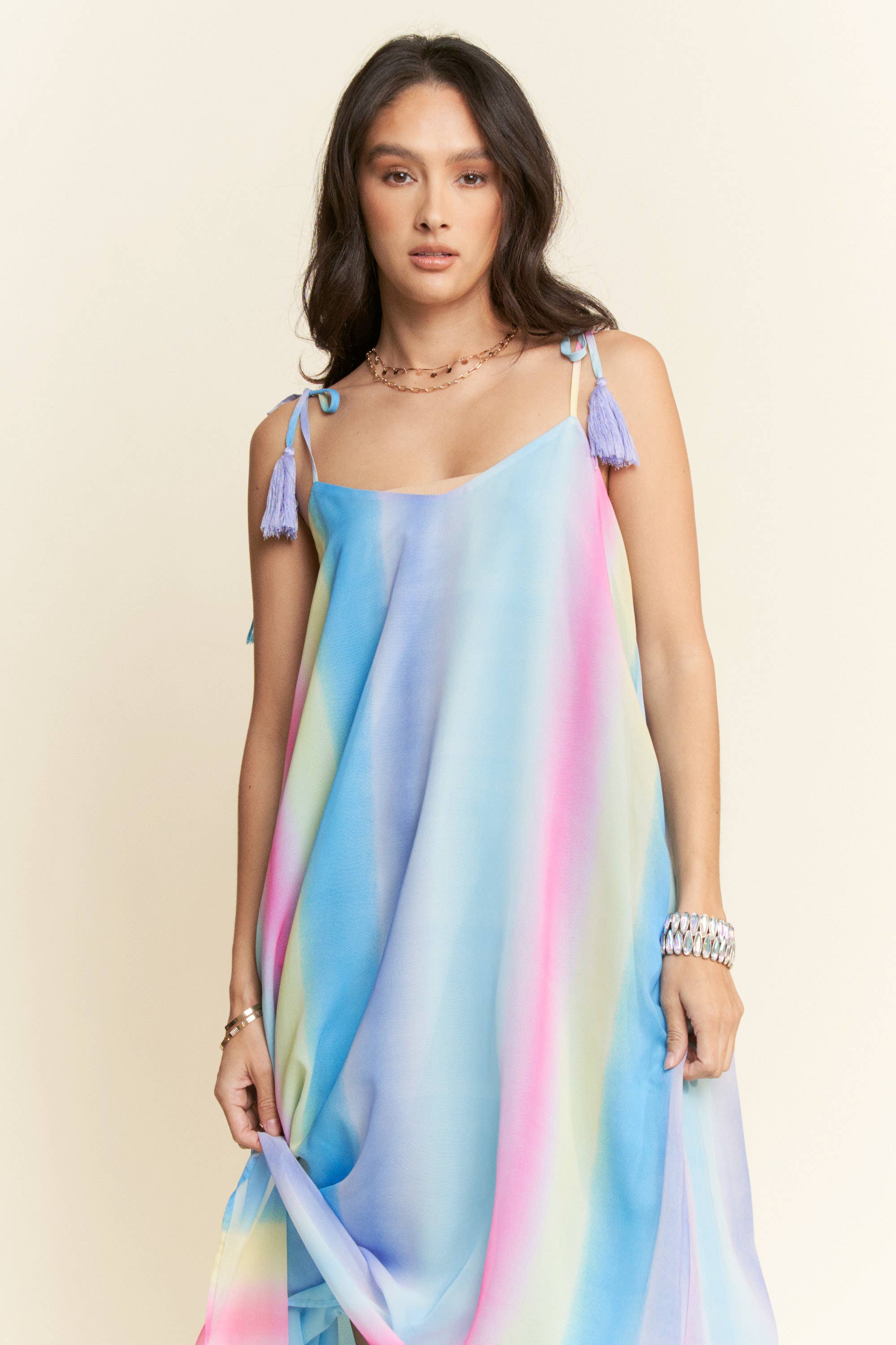 Pretty Little Patriot Pretty Little Patriot Ombré Rainbow Pastel Maxi with Tassles — lifestyle worn / used context