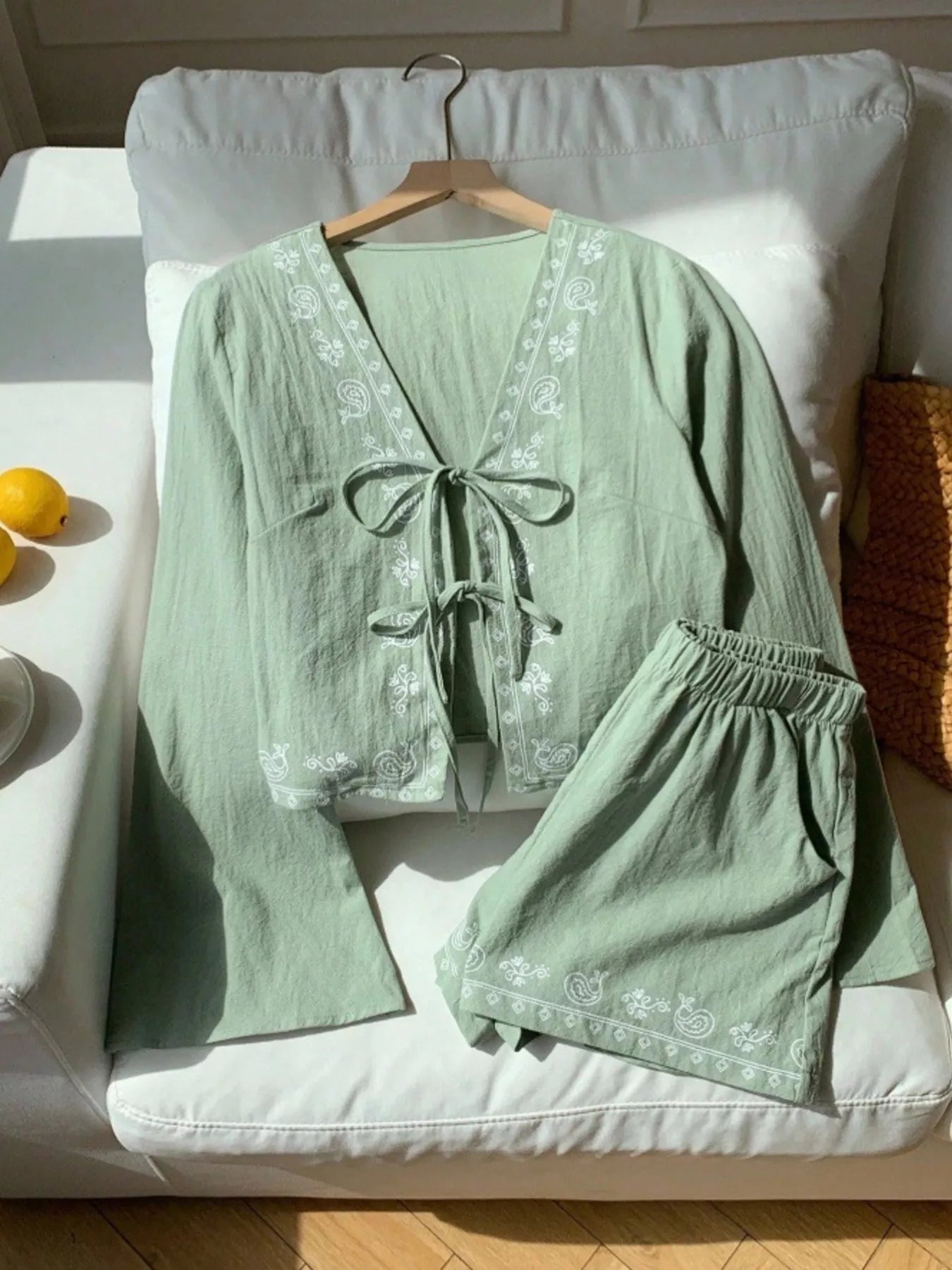 Embroidered Tie-Front Top & Shorts Set