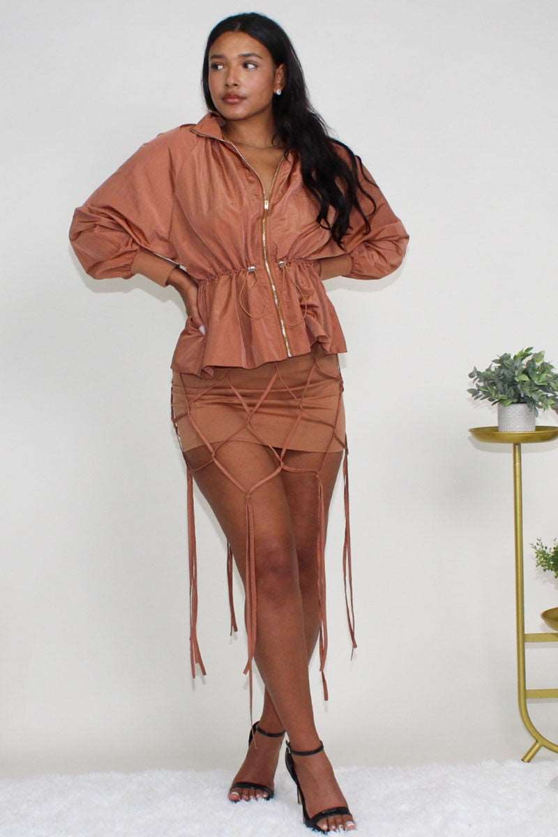 Desert Rose: Cinched Waist Windbreaker and Tassel Skirt Set