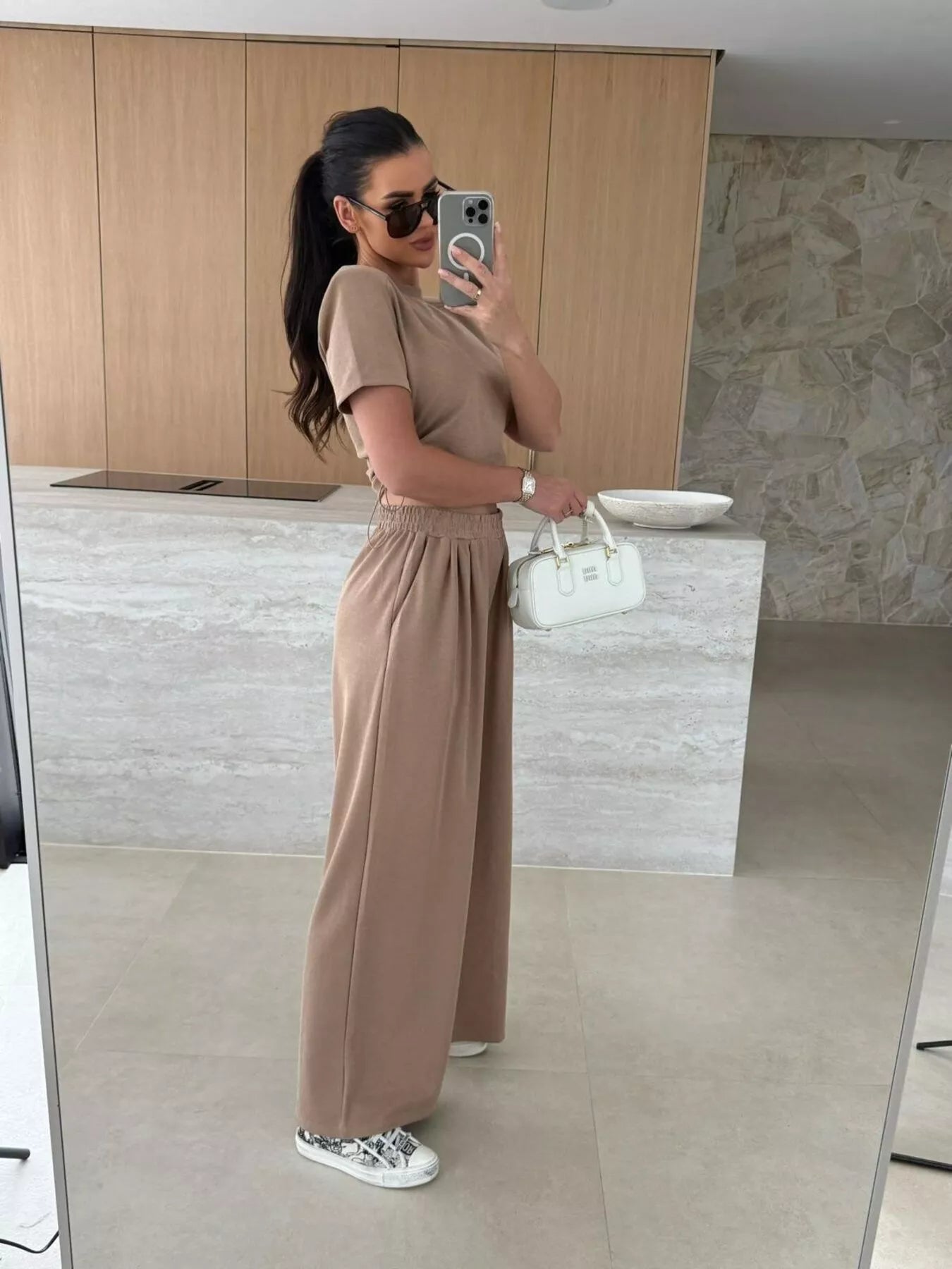 Drawstring Crop Top and Wide-Leg Pants Set