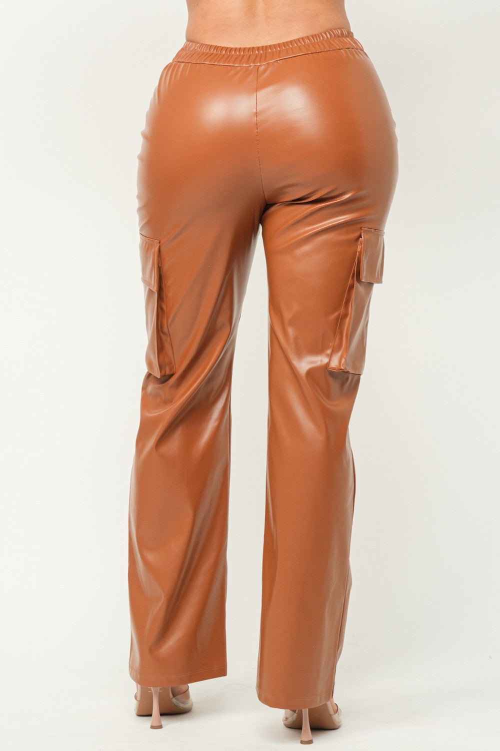 Cognac Vegan Leather V-Cut Cargo Pants