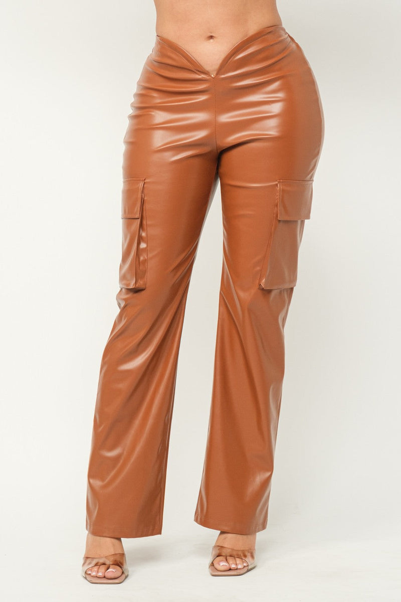 Cognac Vegan Leather V-Cut Cargo Pants by Blaire Shops