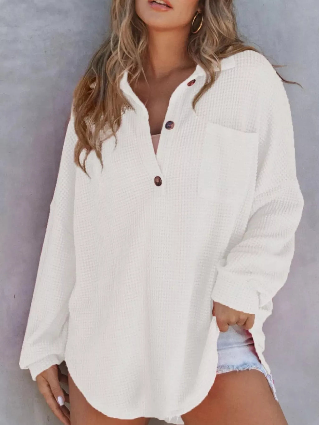 Waffle Knit Button Detail T-Shirt with Pocket