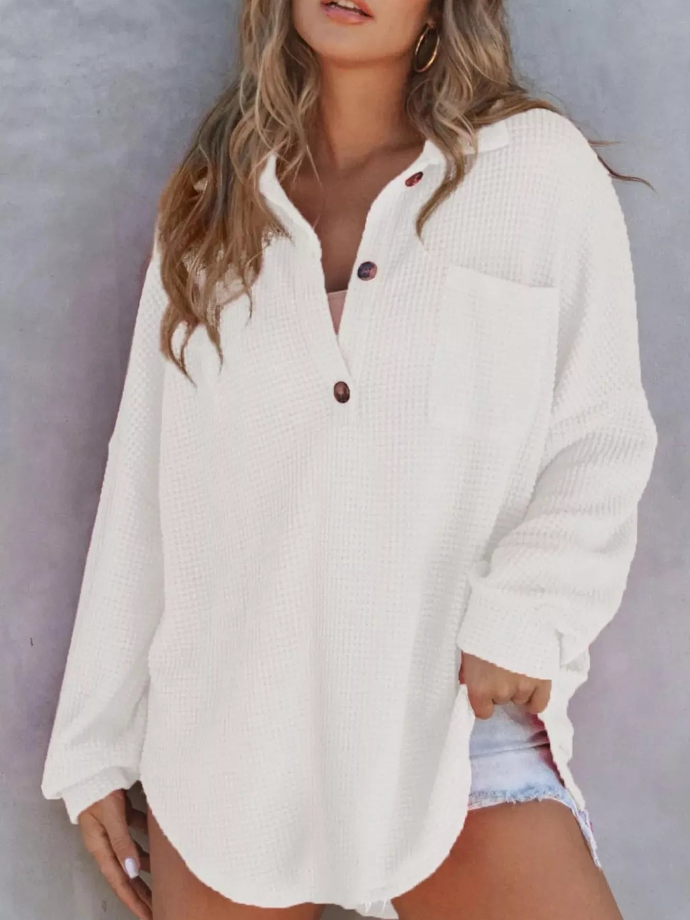 Waffle Knit Button Detail T-Shirt with Pocket