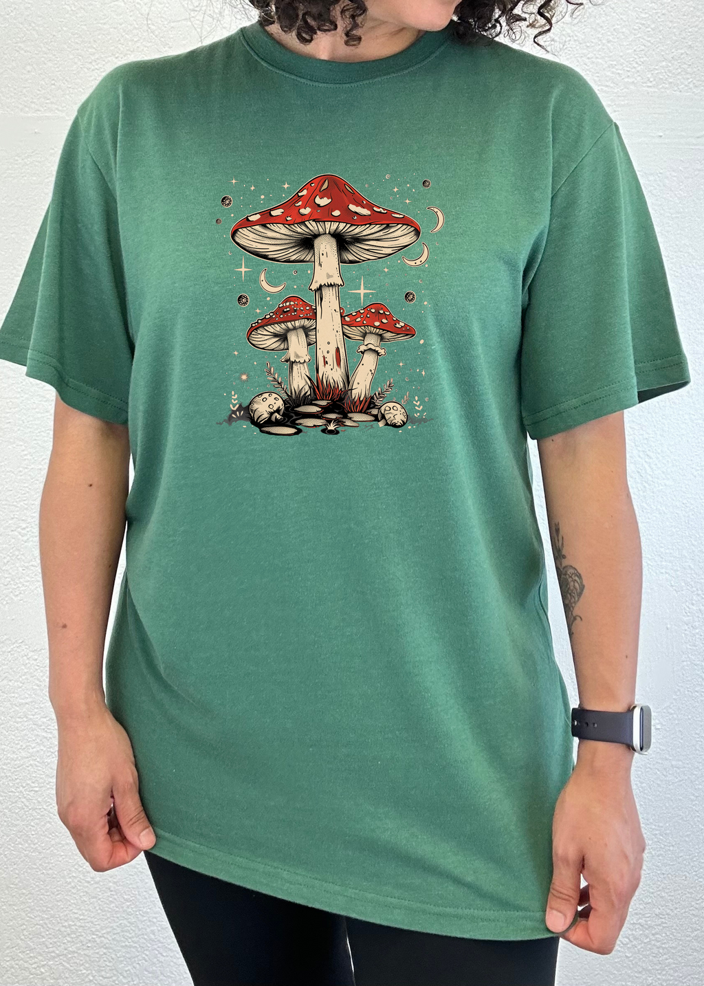 Spun Bamboo Boho Retro Hippie Mushrooms Natural Unisex Bamboo/Cotton Graphic T-Shirt — alternative angle