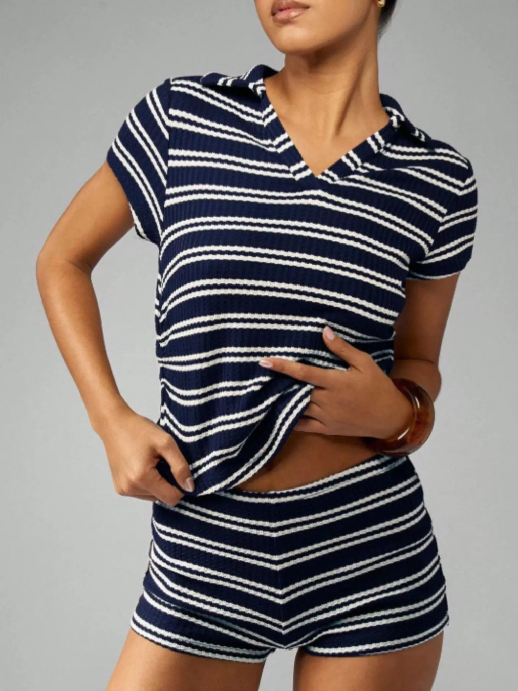 Striped Knit Short Sleeve Top & Shorts Set